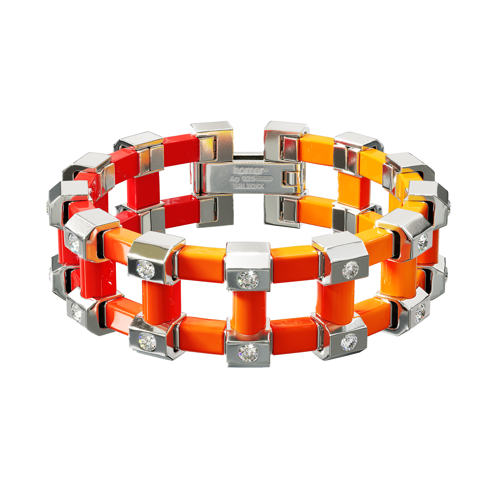 A detail of Sodium Bracelet XL in Cadmium Red Gradient